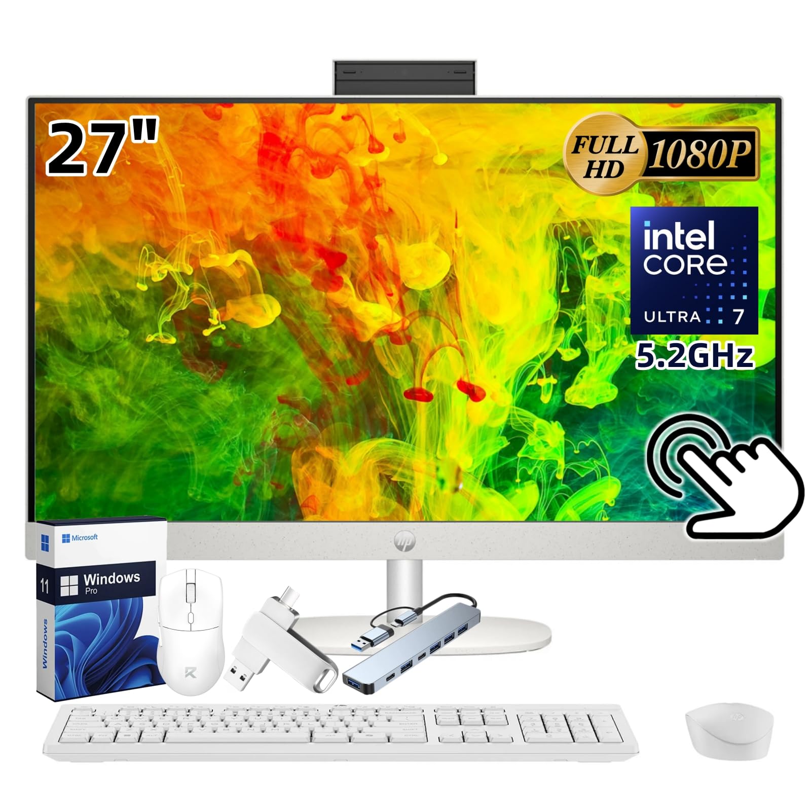 HP 27" All-in-One Touchscreen Desktop PC 2025 New, Intel Ultra 7 255U (Up to 5.2GHz), Intel AI Boost, 27 inch FHD Touchscreen Anti-Glare Display, 32