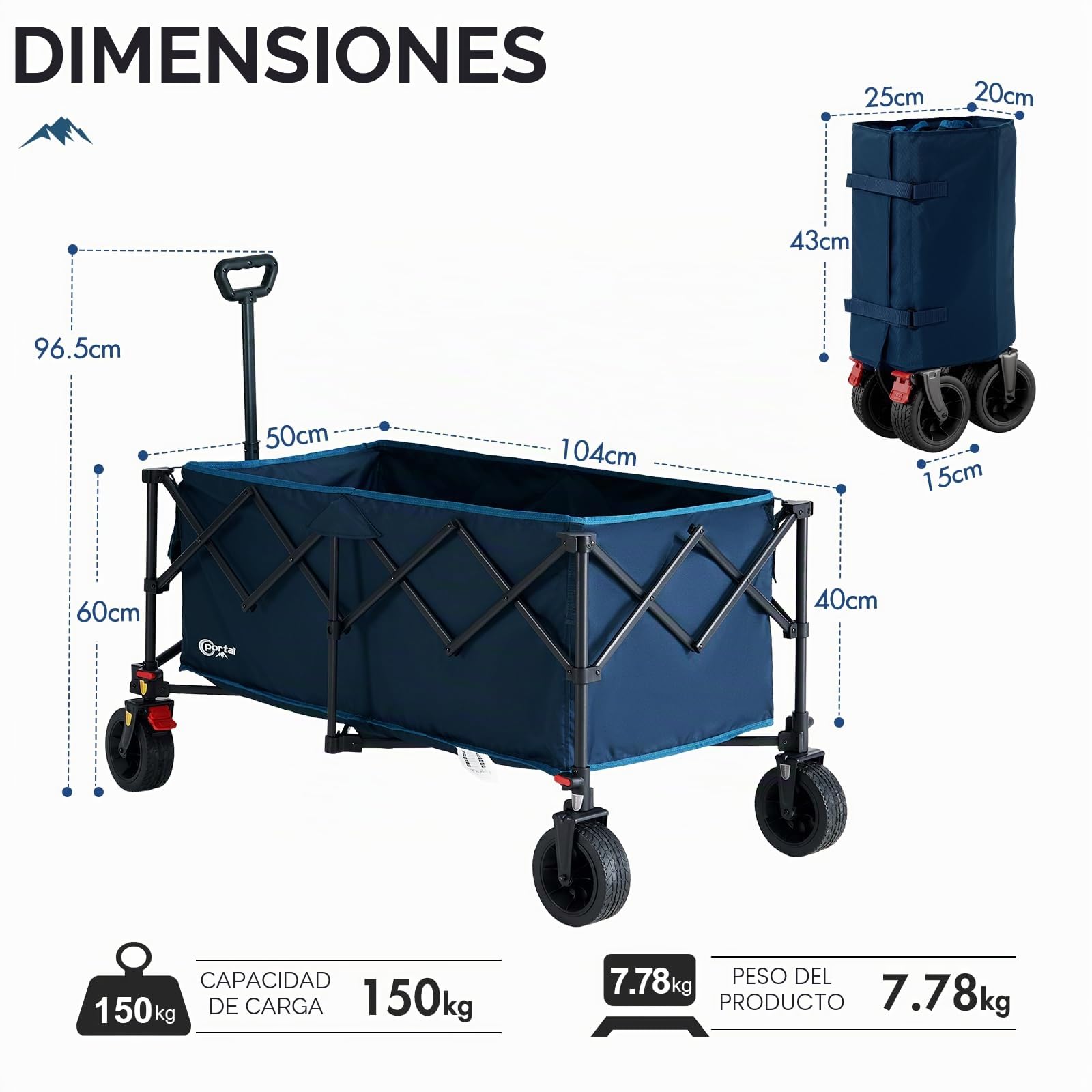 Portal Carro de Playa Plegable 300L XXL Carrito de Camping con Frenos y Mango Ajustable Vagoneta de Jardín Resistente Carga 150KG Ruedas para Festivales Picnic y Transporte