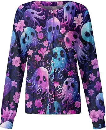 Printed Scrub Jackets for Woman Print Long Sleeve Plus Size Womens Scrubs for Women Nursing Jacket with Pockets