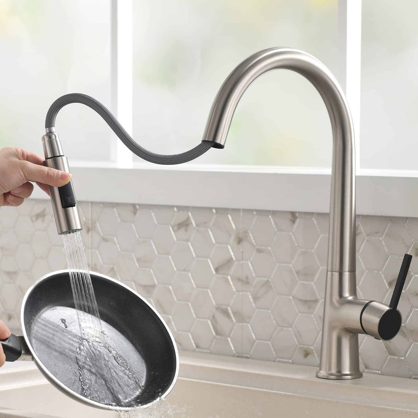 Rubinetto Cucina Estraibile TIMACO - Alta Pressione, 360°, Acciaio Inox 304, Nichel Spazzolato - Foto 10