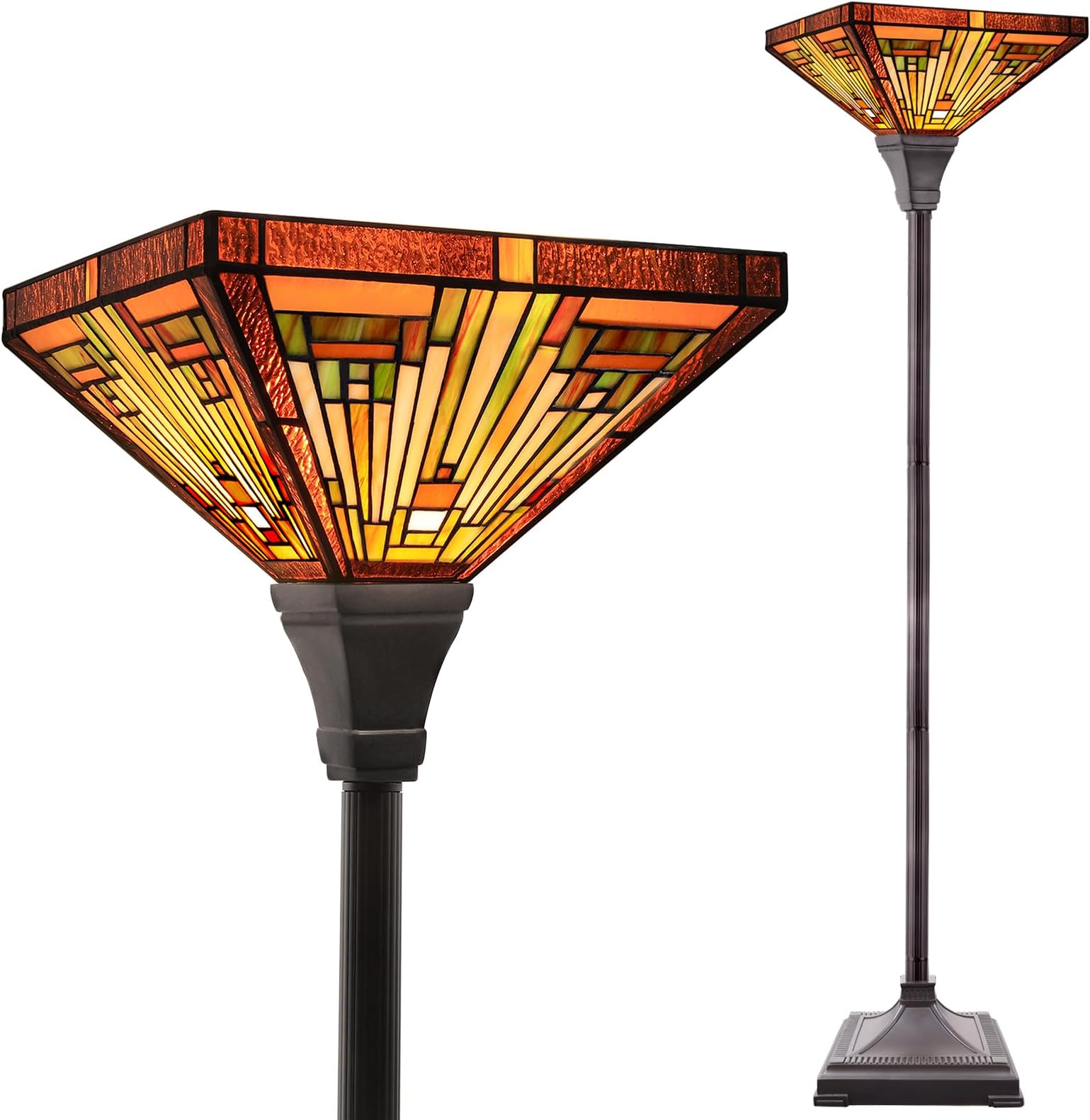 Capulina Tiffany Lamp Stained Glass Torchiere Floor Lamp,12x12x70 Inches Industrial Blackish Bronze Pole Amber Brown Antique Tiffany Style Torch Standing Lamp for Living Room Bedroom Home Office