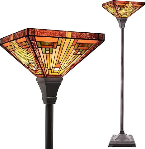 Capulina Capulina Tiffany Lamp Stained Glass Torchiere Floor Lamp, 12x12x70 Inches Industrial Blackish Bronze Pole Amber Brown Antique Tiffany Style Torch Standing Lamp for Living Room Bedroom Home Office
