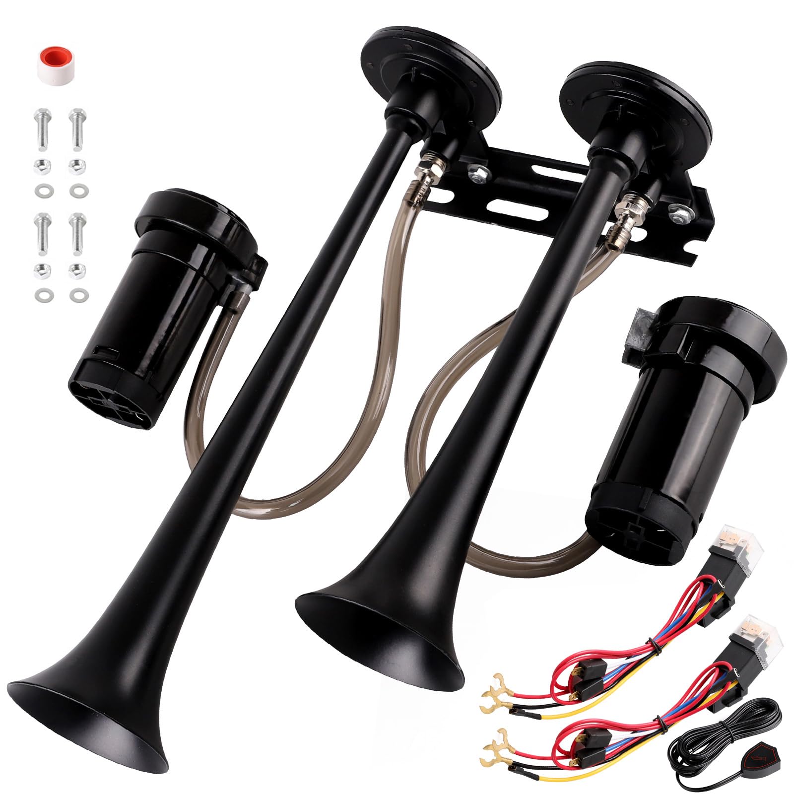 Air Horn for truck horn kit, ultra loud dB. The Air horn with two 120 PSI Air compressor is suitable for pickup/motorhome/SUV/truck/train 12V 150db and other vehicles ((2 speakers with button))