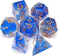Vista 1 de Haxtec Juego de dados DND azules, dados de resina de borde afilado, copos dorados con estuche de dados D&D, dados para juegos de rol RPG