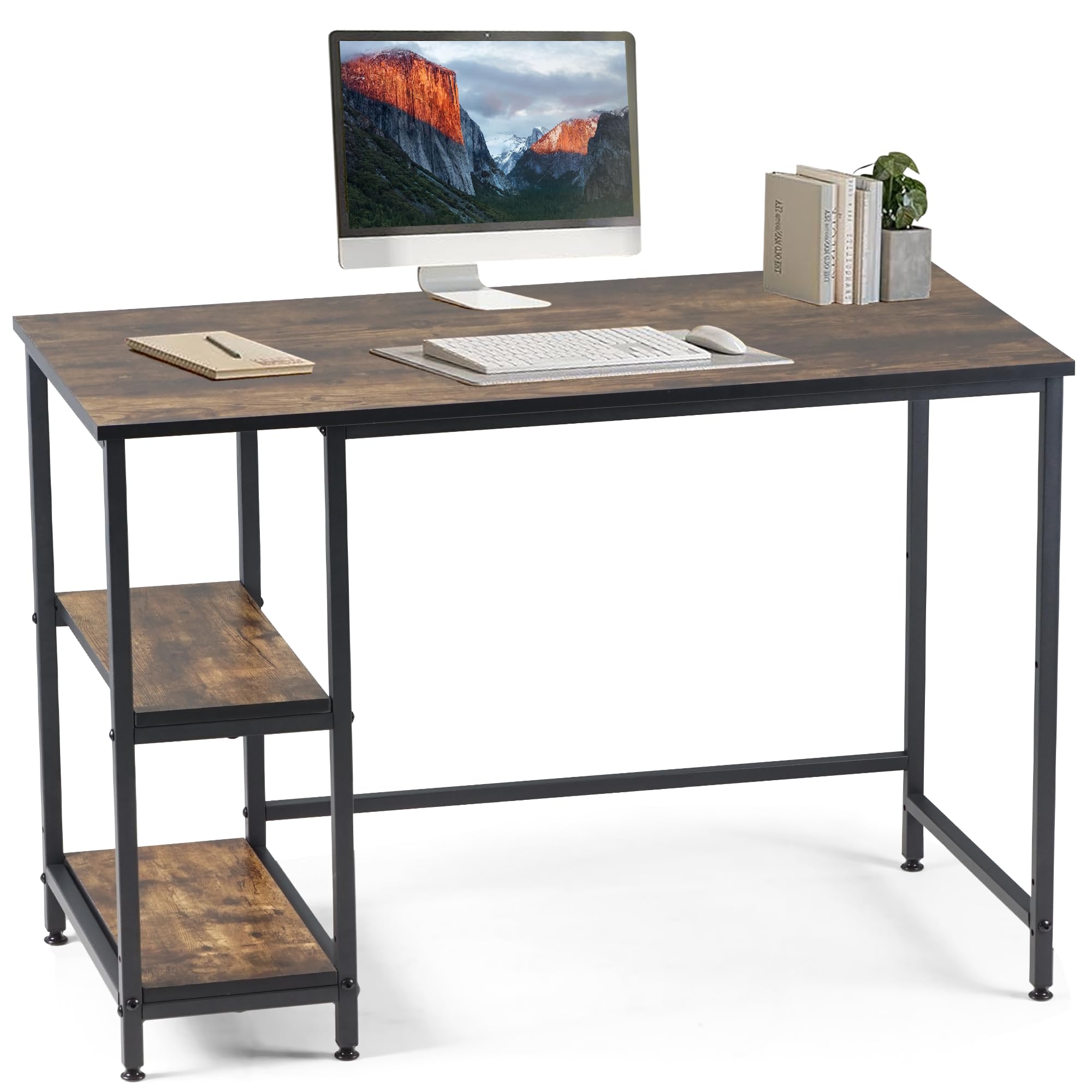 T-THREE.120cm Computer Home Office Desk,Study Computer Desk,Home Office Writing Desk,Gaming Desk,Black Metal Frame with Storage Shelves for Tight Spaces,Bedrooms,Students