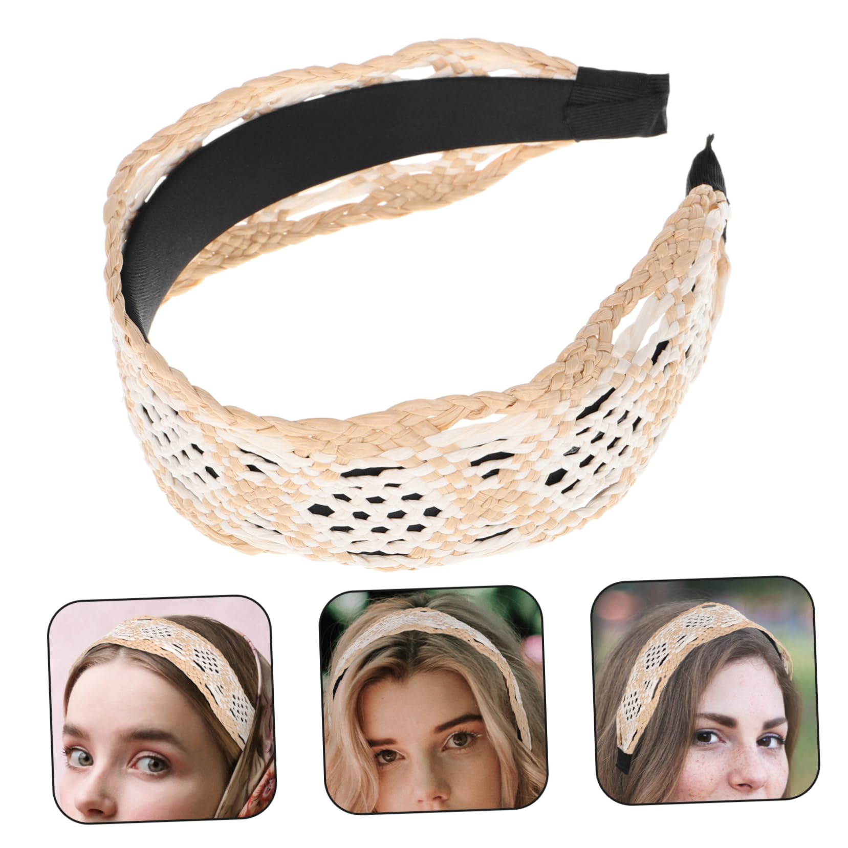 Bandeau Large Cheveux en Raphia Beige, Coiffe Rétro pour Femmes