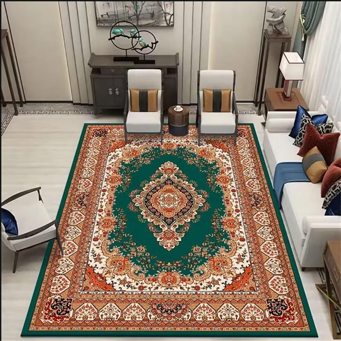 Tapis multicolore déco chambre floral vert, petit tapis de salon