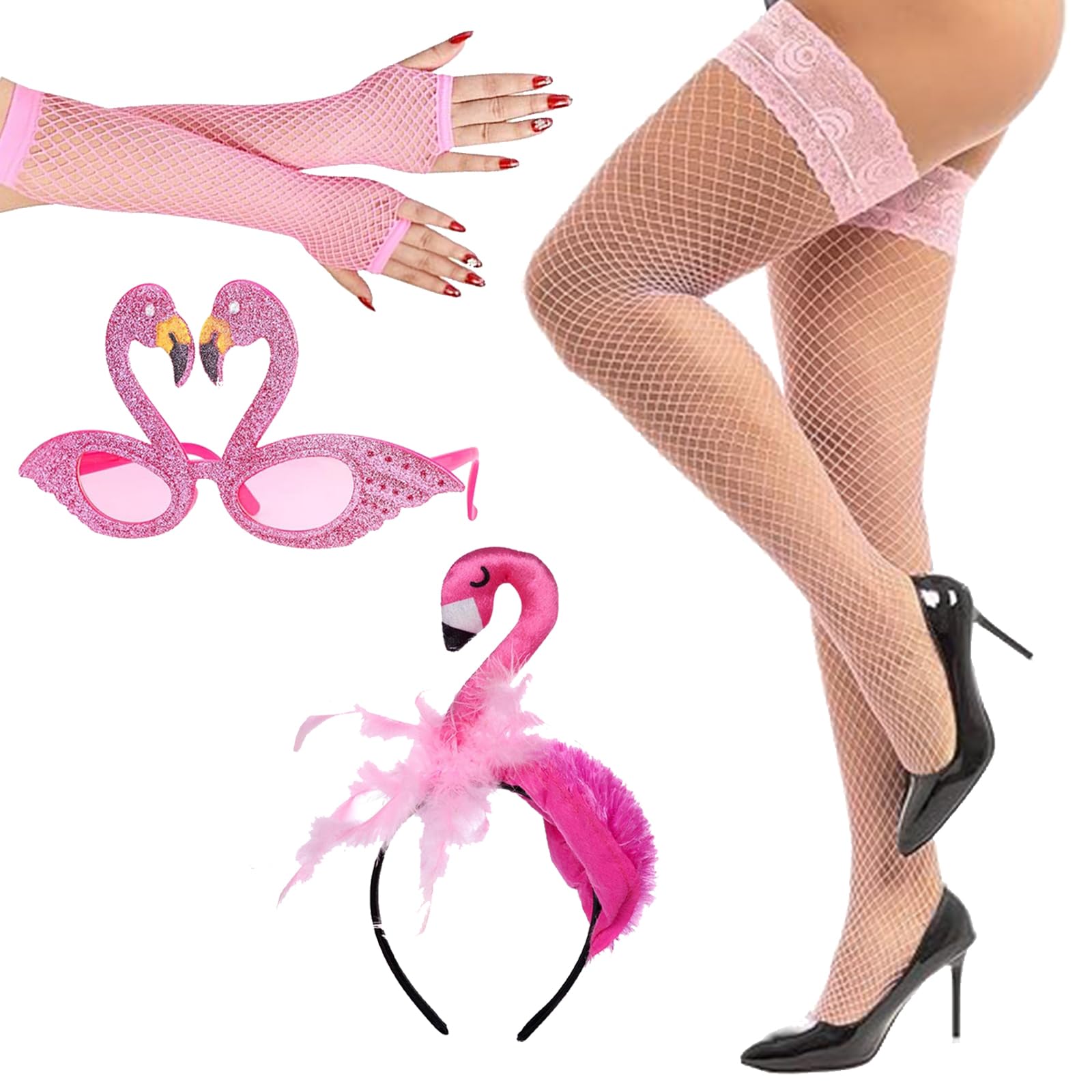 AYNKH Déguisement Flamant Rose Femme, Flamingo Costume Set avec Jupes Tutu, Bandeau, Autocollant,Lunettes, Colliers et Boucles D'oreilles, Costume Tropical pour Fête Hawaïenne, Adulte Carnaval