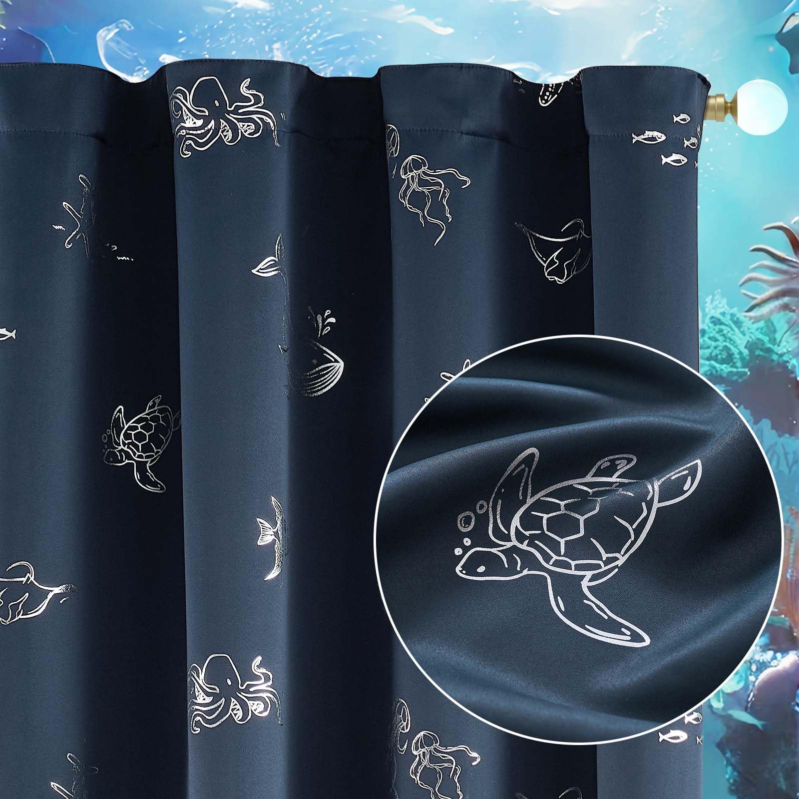 Vangao Kids Blackout Curtain Ocean Turtle Navy Blue Curtains 63 Inches Long for Boys Nursery Bedroom Silver Foil Animal Print Sea Whale Back Tab Thermal Insulated Drapes Window Treatment, 2 Panels