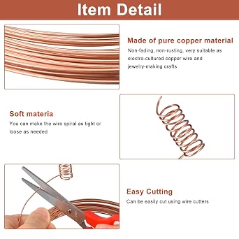 sourcing map Soft Copper Wire (24 Gauge, 32.8 FT), 99.9% Pure Bare Copper Wire 0.5mm Solid Craft Wire for DIY Crafting Gardening Decoration (10Meter)