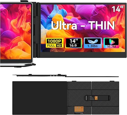 Laptop Screen Extender, 1.3lb Ultra Lightweight 14" 1080P FHD Portable Monitor for Laptop, Plug & Play Dual Travel Screen Monitor, Laptops Dual Monitors Attachment, Fits Windows/Mac/Android/Chrome