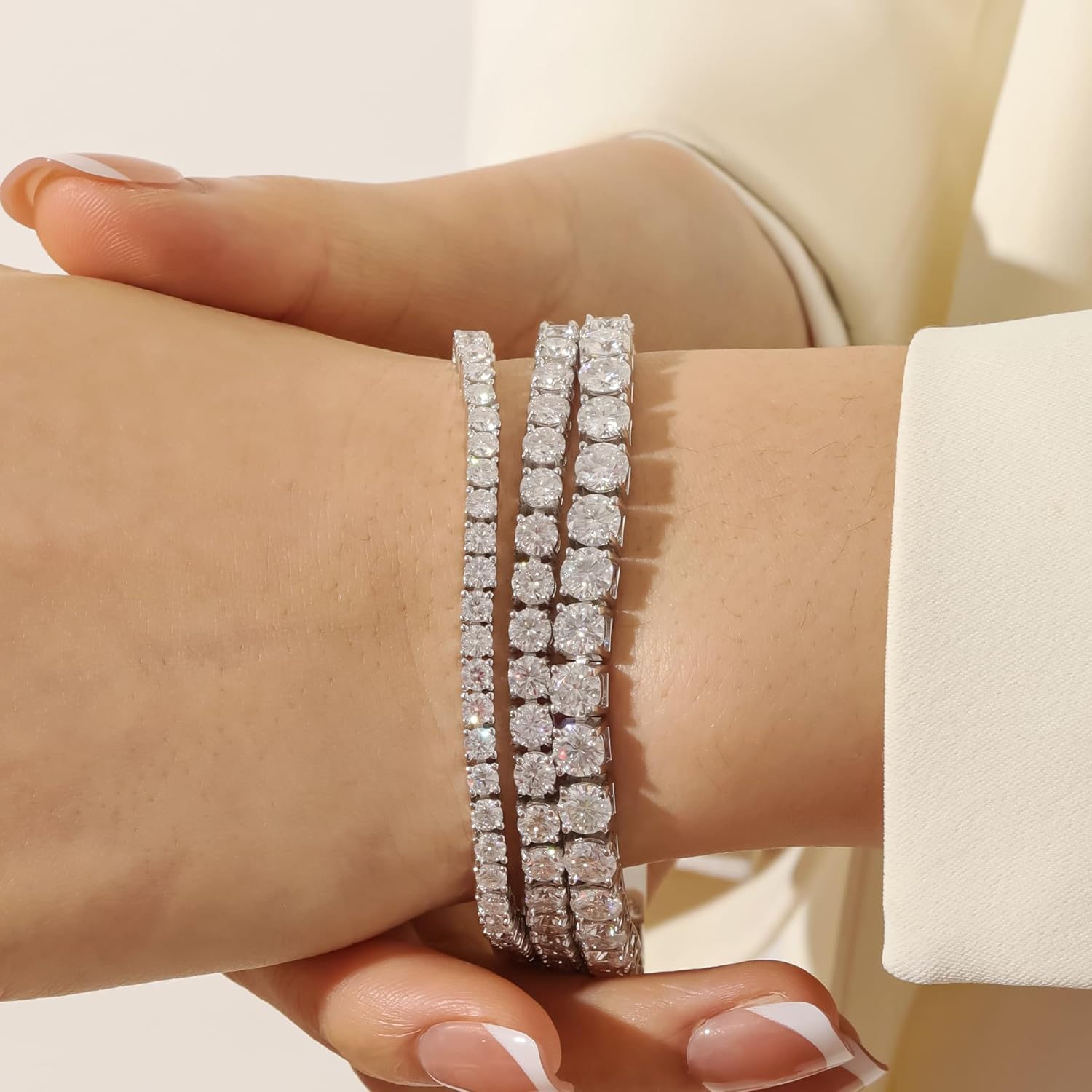 Moissanite Tennis Bracelet for Women - 18K White Gold Plated Silver - 2mm 3mm 4mm 5mm D Color VVS1 Moissanite - Double Safety Clasp,Hypoallergenic Men's Bracelets - Image 9