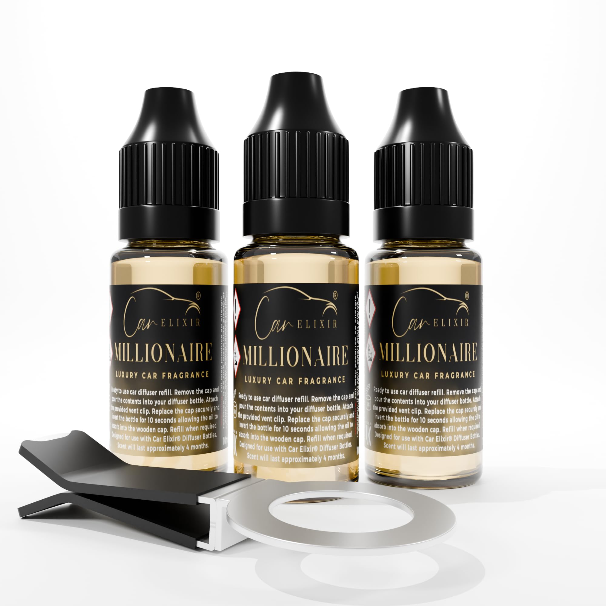 Car Elixir Millionaire Diffuser Refill Oil & Vent Clip | 3 x 10ml Pack | Car Air Freshener for Men | Luxury Strong Car Accessories Perfume Scent Fragrance Diffuser
