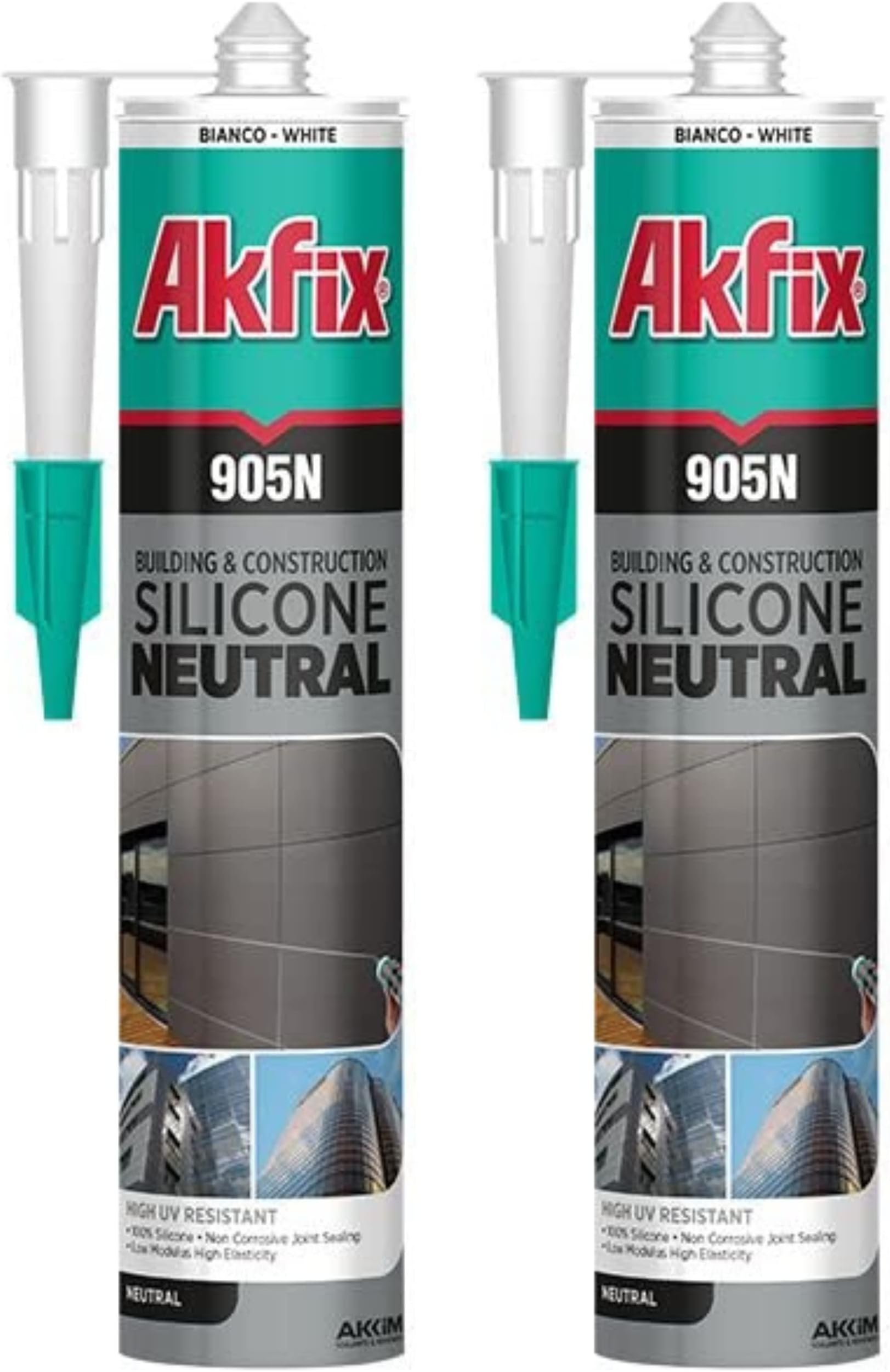 Akfix 905N Clear 100% Silicone Caulk for Construction and Building (2x10.5 fl.oz.) - Solvent-Free, Low Odor, UV & Water Resistant, Fast Curing, Non-sag, Flexible Silicone Sealant | Clear, 2 Pack