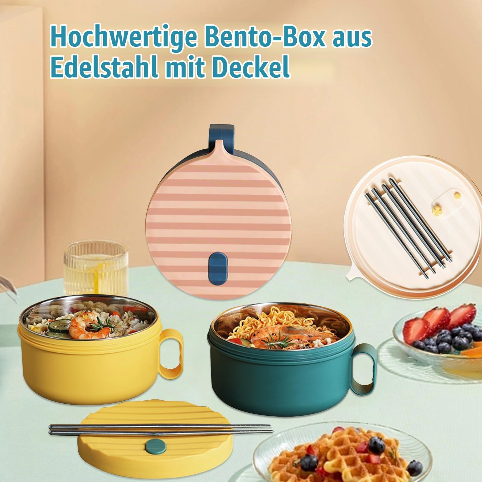Ramen Schüssel Set, Instant-Ramen-Schüssel 1200ML Rostfreier Stahl Ramen Bowl Schüssel mit Deckel und Stäbchen Japanische suppenschüssel Nudelsuppen Schale für Schlafsäle (puderblau)