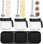 Mlici Condiment Jar Spice Container Set of 3 with Lids & Spoons, 255ml Clear Glass Condiment Canisters Pots Seasoning Box, Salt Container Sugar Bowl for Kitchen, Counter, Food Storage (Black)