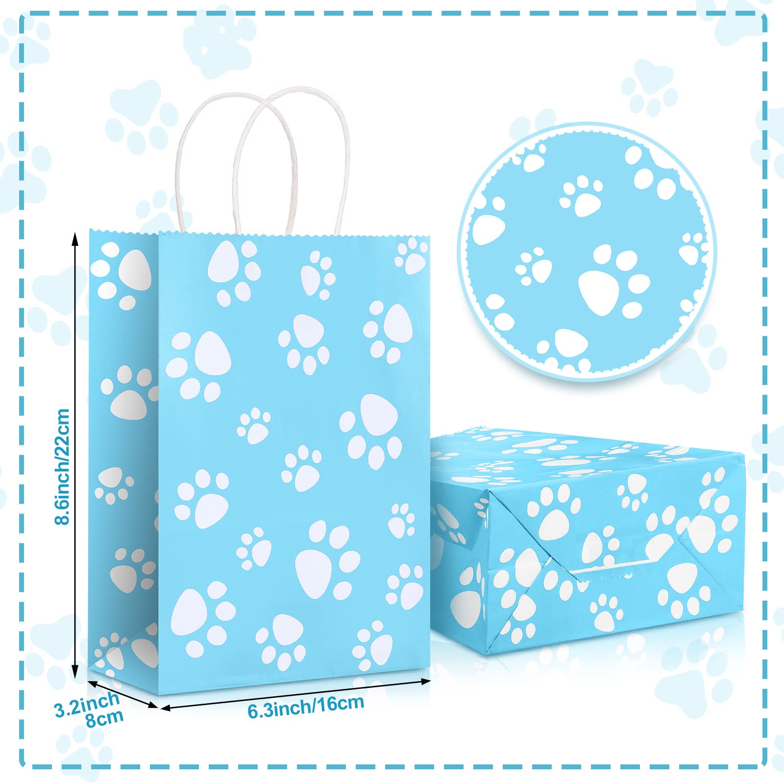 Blulu 20 Pcs Puppy Dog Paw Gift Bags with Paper Twist Handles, Dog Gift Paper Paw Treat Goodie Bags for PET Treat Party Favor, 6.3 x 3.1 x 8.6 Inch(Blue Backing)