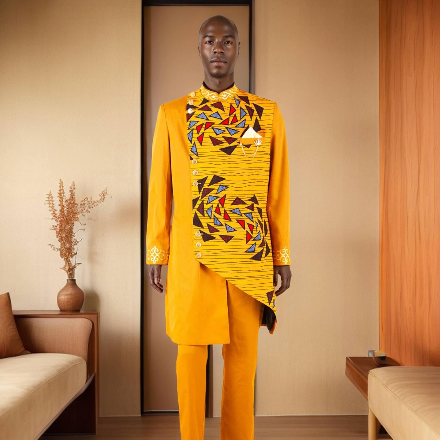 Men`s Suit Slim Fit Embroidery Single Breated Blazer and Pants Set African Clothes Brooch Print Outfits