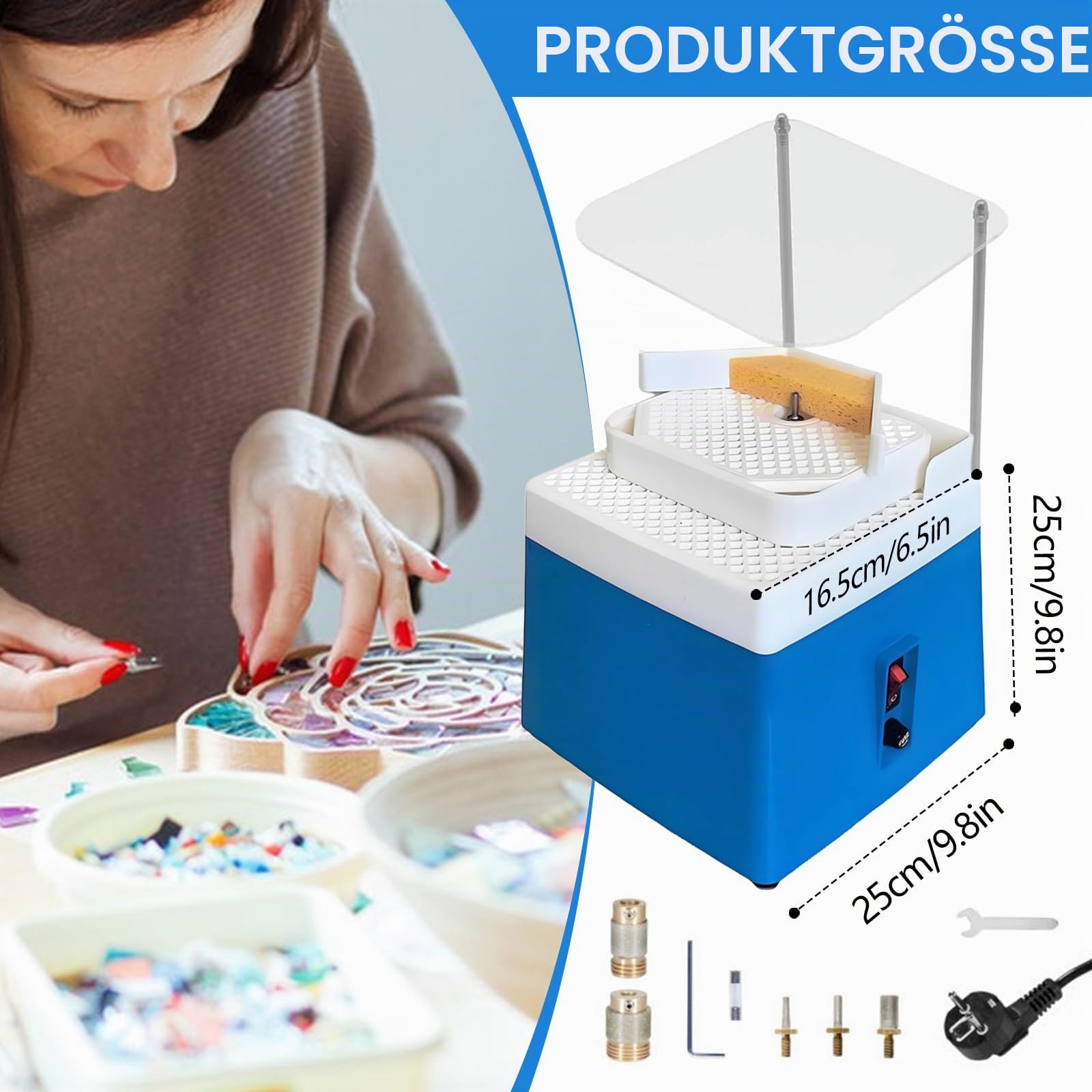 Glasschleifer, 65W 220V 4200R/Min Doppellagig Buntglasmühle Automatische Glasschleifmaschine mit 5/8'' und 1'' Schleiferbits und Schallwand für Glas und Keramik Handwerk Eu Stecker Blau