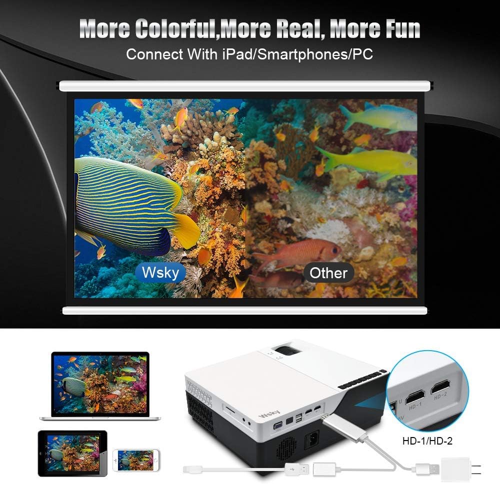 Authentic Crazy Deals Wsky Native 1080P Projector Home Theater, LED LCD 5000 Lux Video Projector with Dual Speakers, Compatible DVD, Phone, Laptop, HDMI, TV, PS4, PC