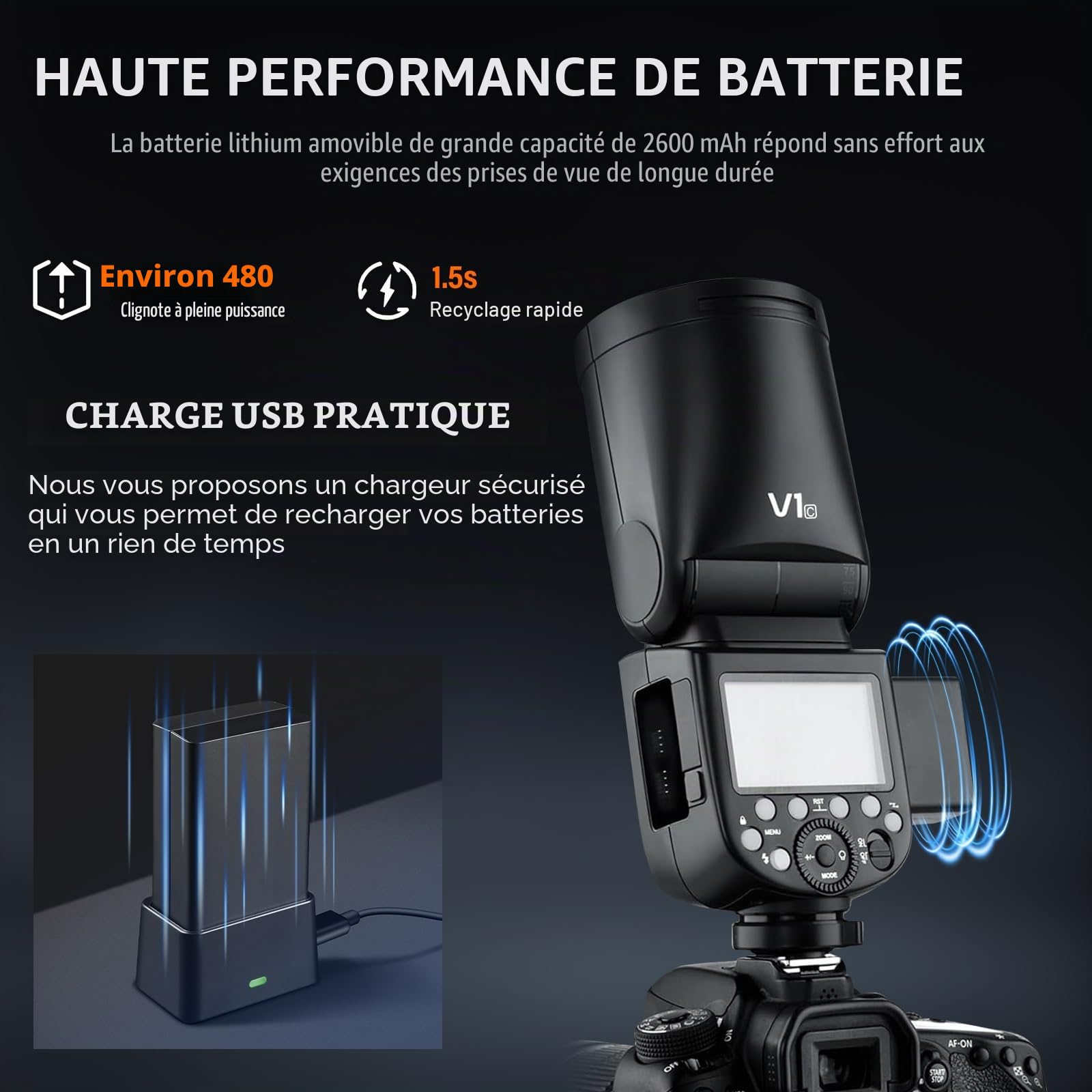 Godox V1S Flash Speedlite, 76 WS 2,4 G Synchro Haute Vitesse 1/8 000 s 2 600 mAh Li-ION Batterie Tête Ronde Speedlight pour Appareil Photo Sony (V1-S)