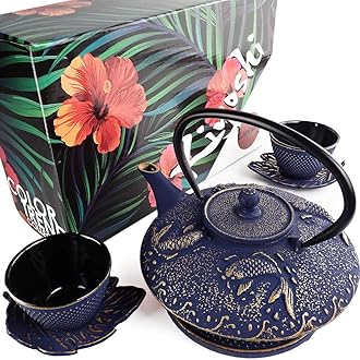 KIYOSHI Luxury 7PC Japanese Tea Set."Midnight Blue Koi" Cast Iron Tea Pot with 2 Tea Cups, 2 Saucers, Tea Infuser and Teapot Trivet. Ceremonial Matcha Accessories