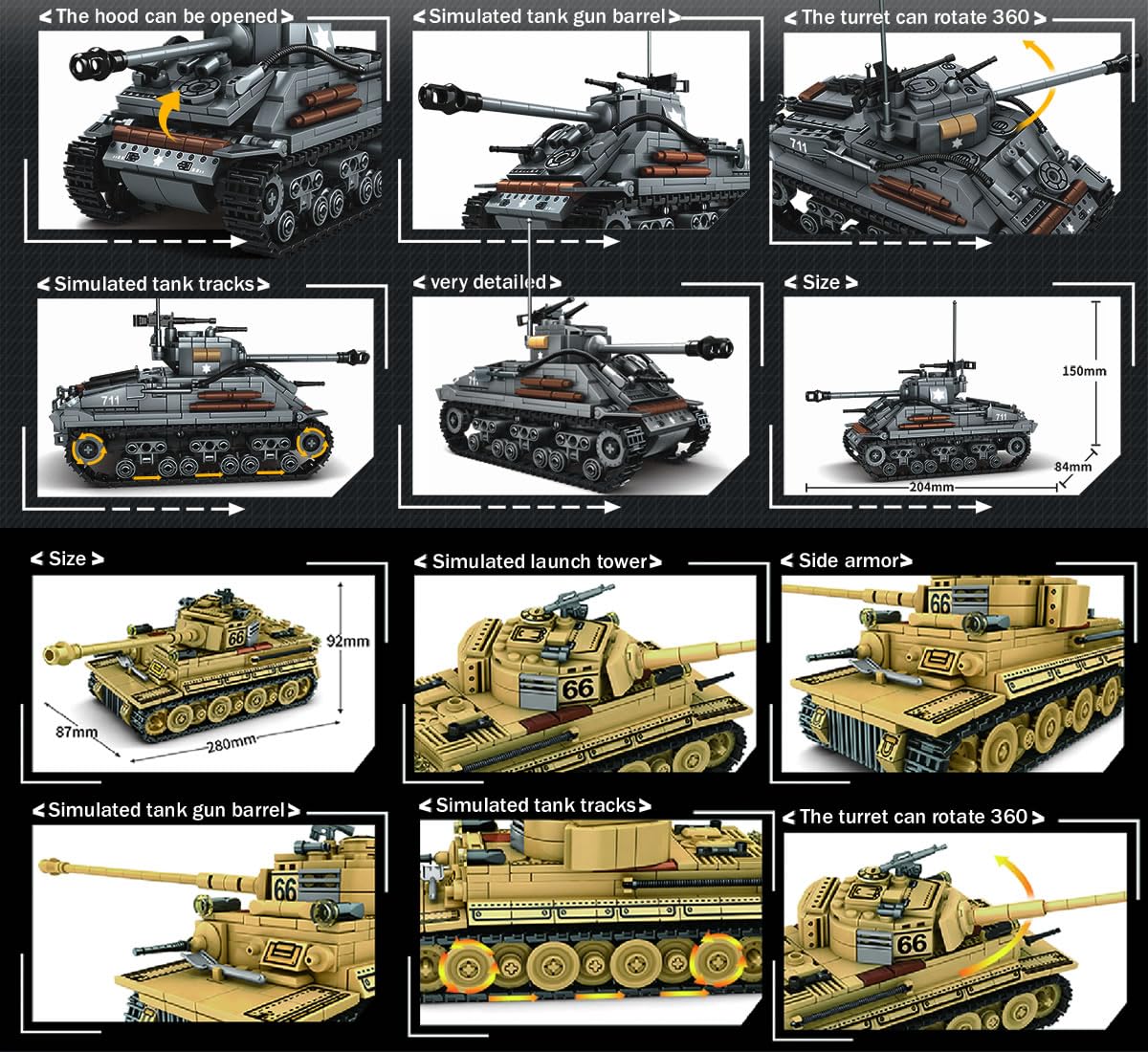 Cattle WW2 Ensemble de construction de jouets de chars d'armée, un char Tiger allemand et un modèle de char M4 Sherman américain, 1184 blocs de jouets militaires pour garçons, enfants et adolescents