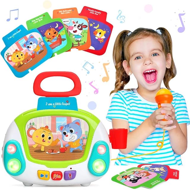 Musical Toy for 2 3 4 Years Old Boys & Girls, Karaoke Microphone Music Player with Singing Recording & Voice Changing Function Learning Educational Jukebox Gift Toy for Baby Kid 24+ Months