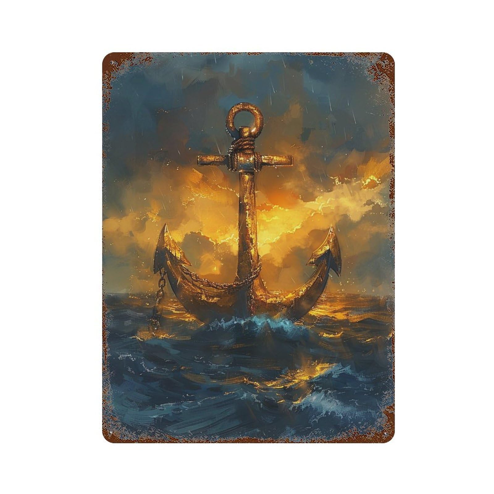 Rustic Tin Plaque with Golden Anchor Ocean Painting Design 15.7"x11.8", for Cafe, Home Bar And Lounge Decor, Industrial Home Decor
