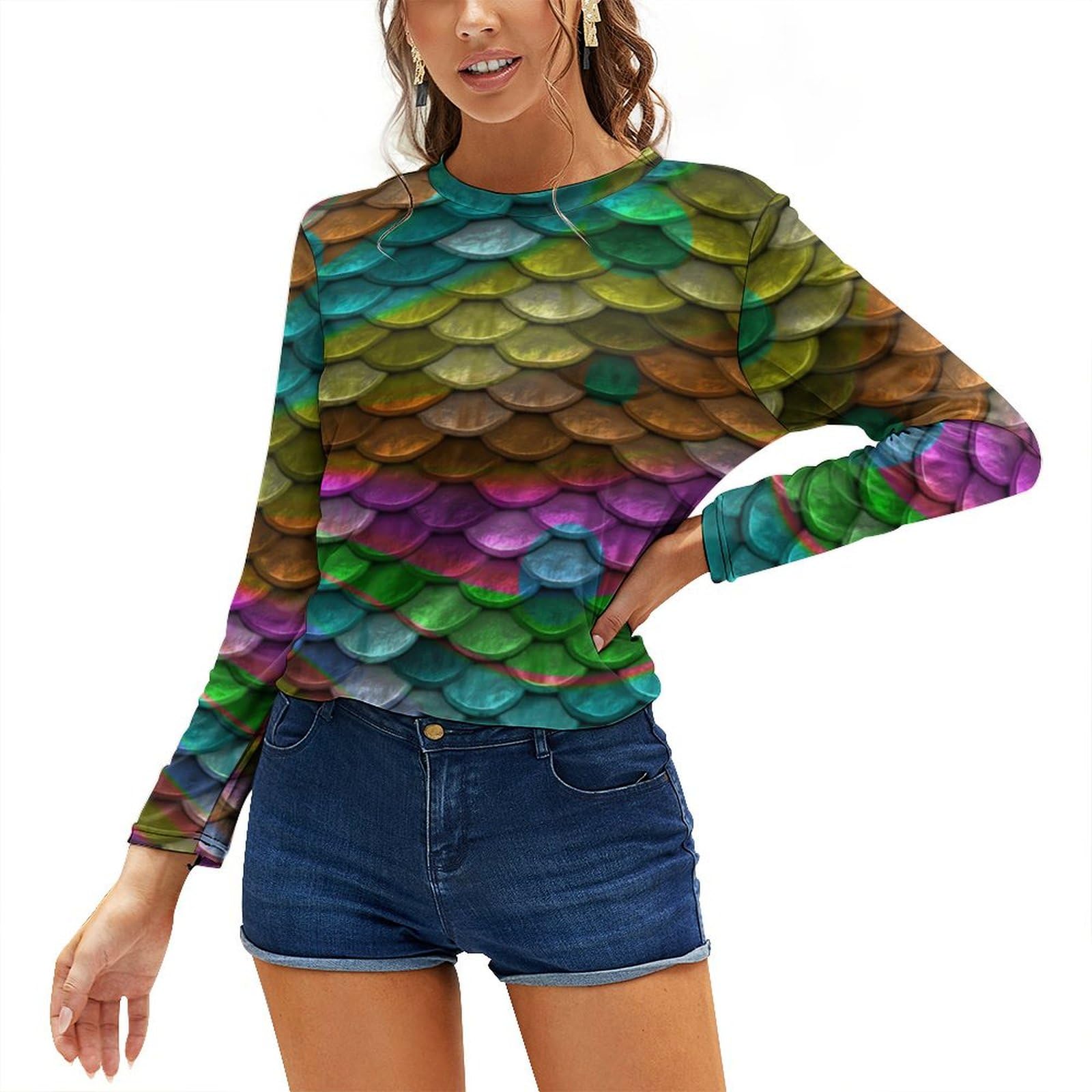 Jzemdybill Women's As Shown Top, Rainbow Fish Scales Long Sleeve T-Shirt, Casual Long Sleeve Crew Neck Top