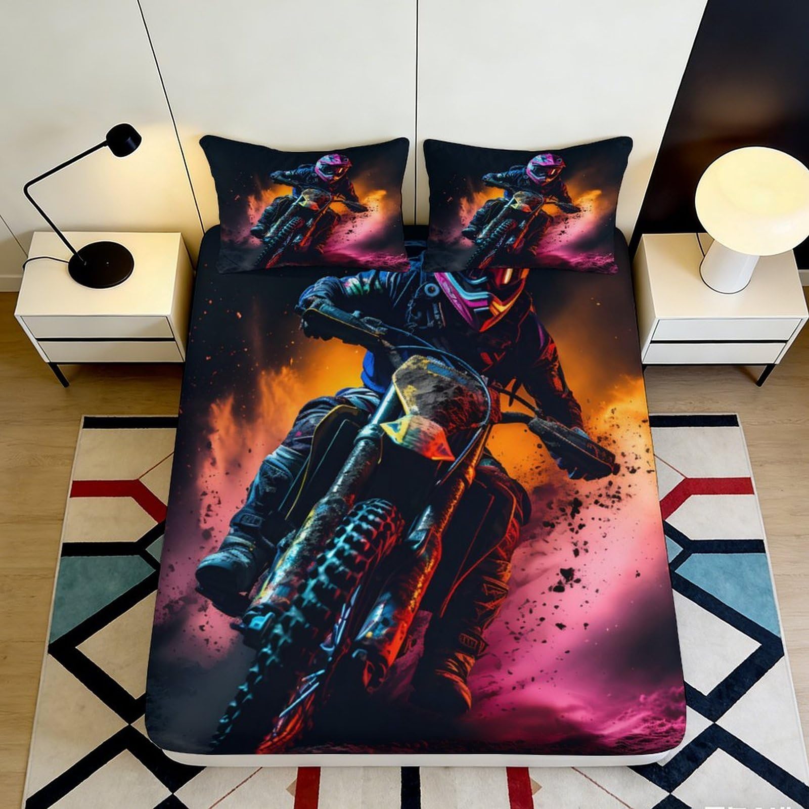 Uynsixtme Style-6 3D Printed Motocross Fitted Sheet Microfiber Non-Slip Deep Pocket Bedding Motocross Mattress Fitted Cover Breathable Washable Elastic Hem 90X200x25cm