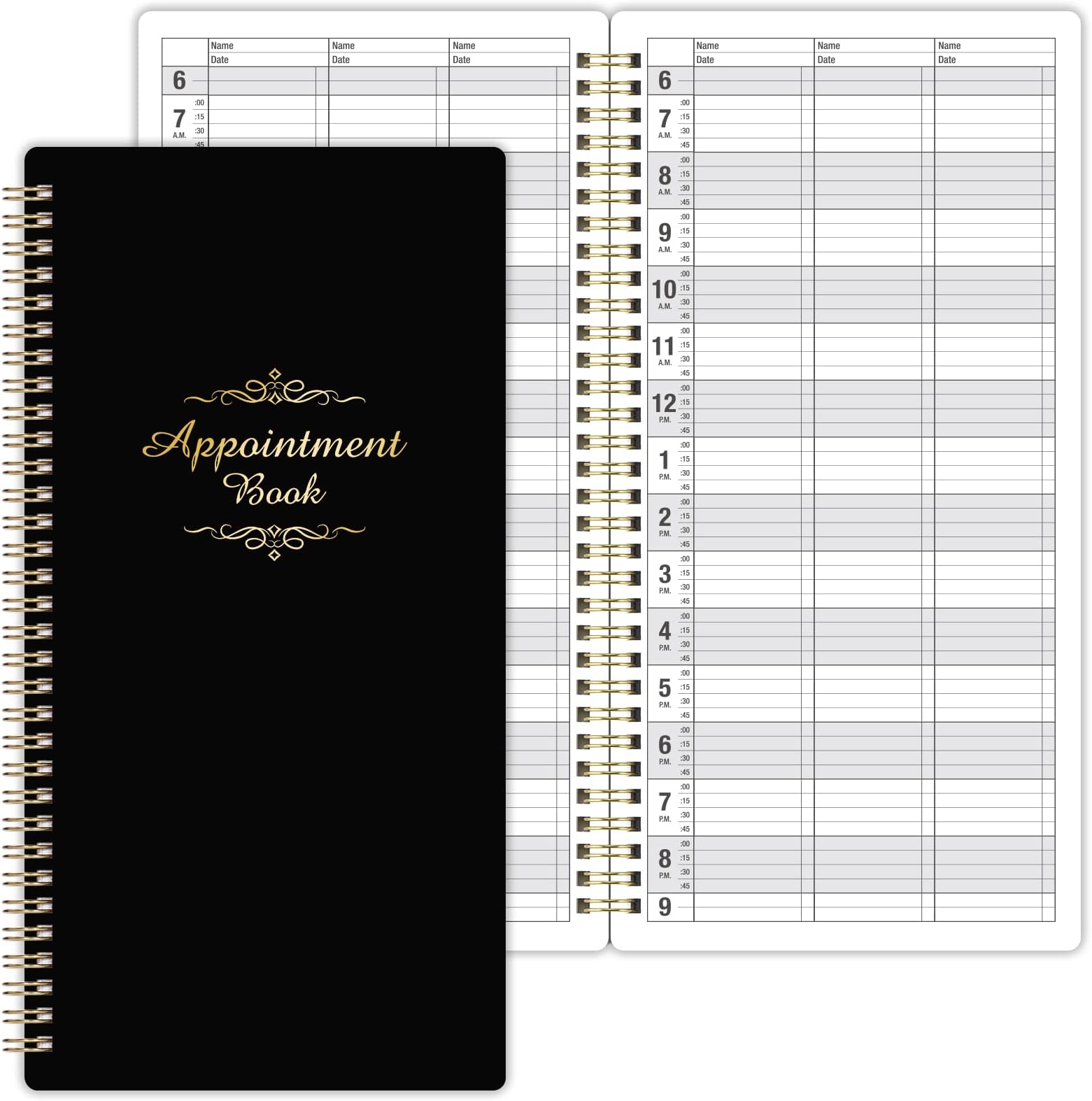 Salon Appointment Book - 15 Min Increments, 3 Cols, 200 Pages, 6.1'' x 11.54'', 6 AM - 9 PM, Undated Daily & Hourly Planner, Twin-Wire Bound, Thick Cover