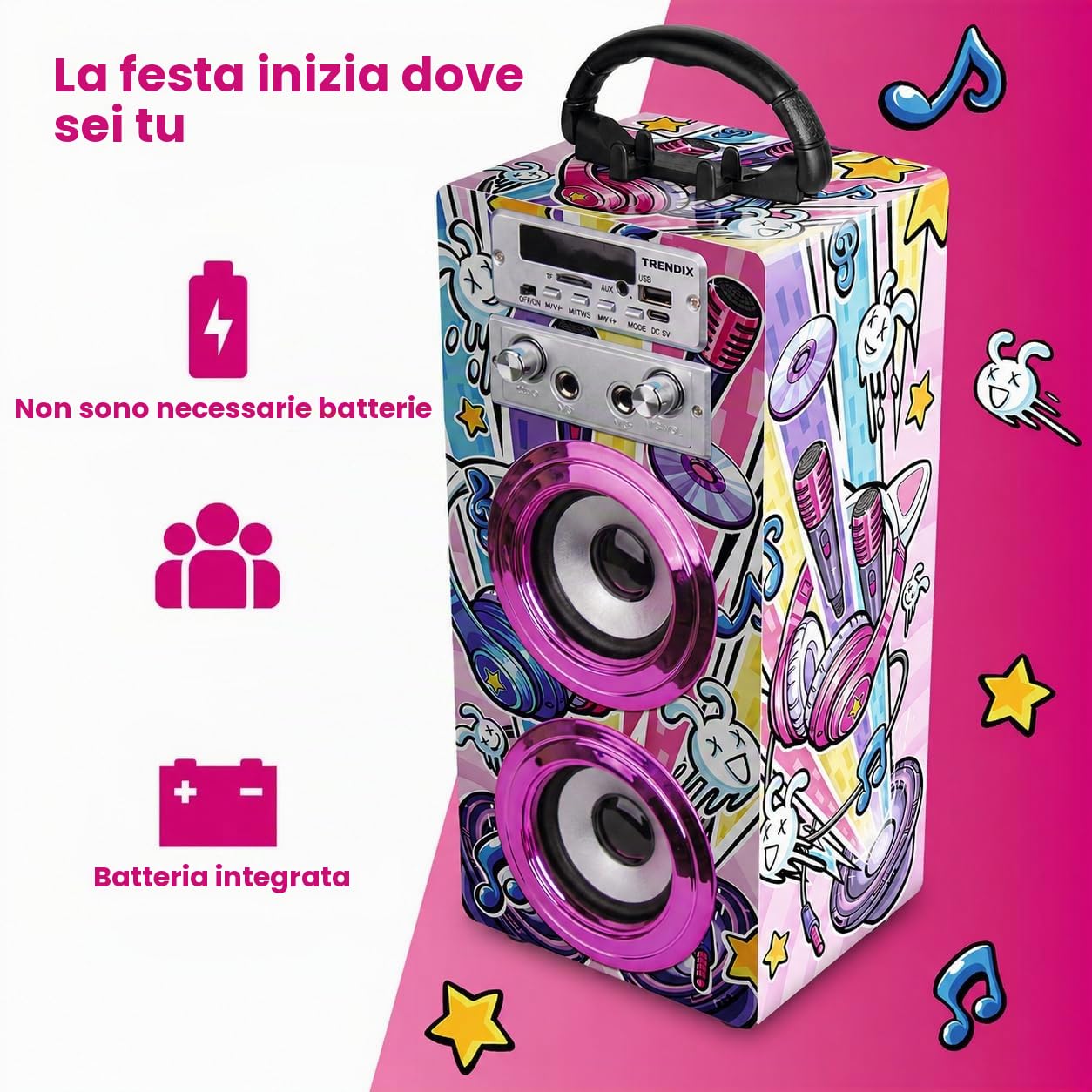 Karaoke Per Bambini Party Edition Con Microfono Cassa Bluetooth Radio Fm Usb 2 Microfoni Rosa