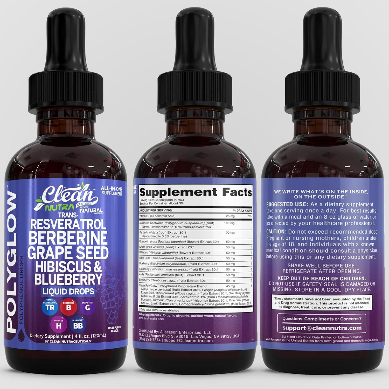 Clean Nutra Trans-Resveratrol Berberine Liquid Drops with Grape Seed Extract, Vitamin C, Quercetin, Hibiscus & Blueberry - All-in-One Polyphenol Antioxidant Supplement for Heart Health, 4 fl oz, Vegan — Amazon image 6