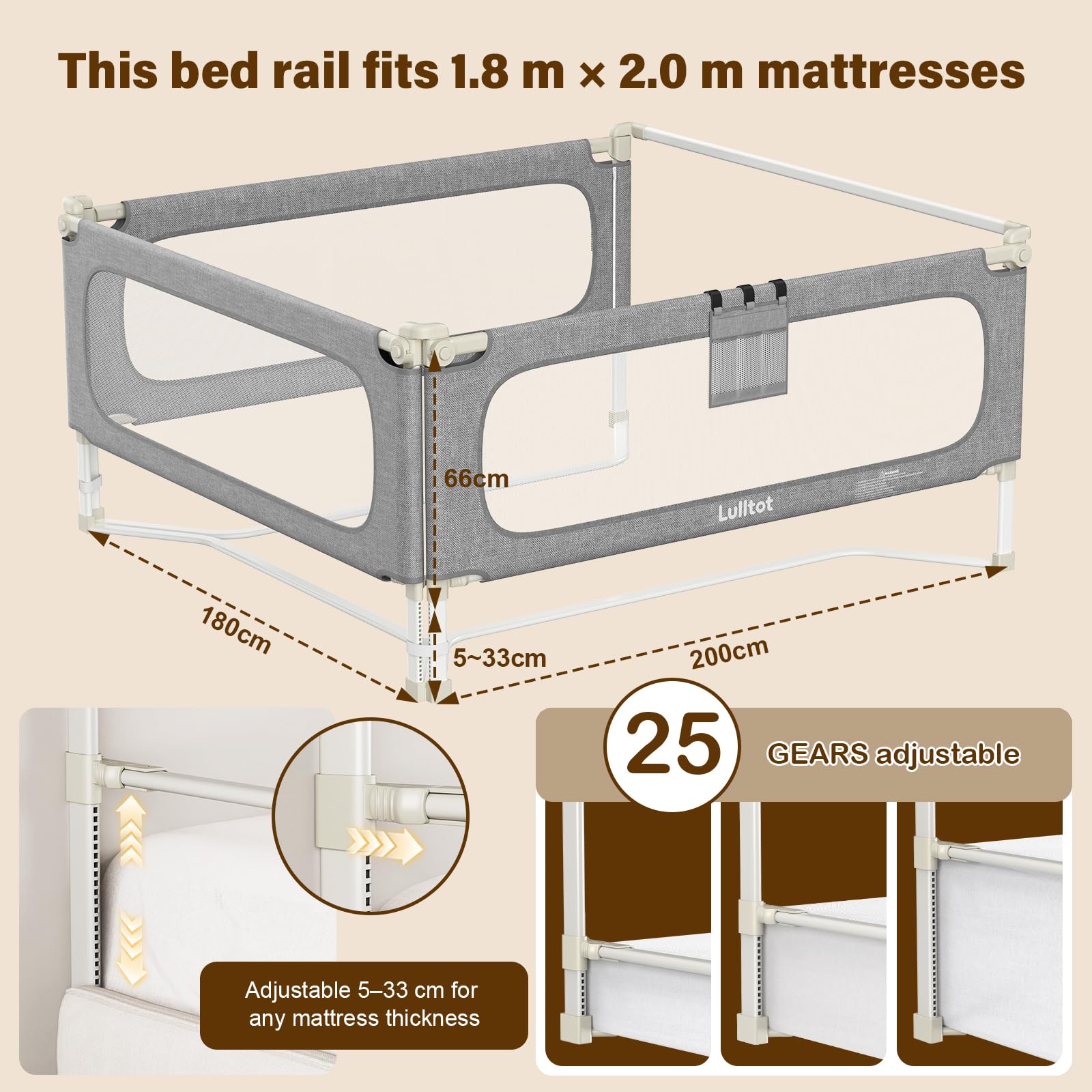 Barrera Seguridad Niños Cama 3 Lados Antiatrapamiento 180x200cm | Varillas en U, Altura Regulable 66–96 cm, con Varillas Sellagrietas, para Camas Boxspring, Niños hasta 5 Años