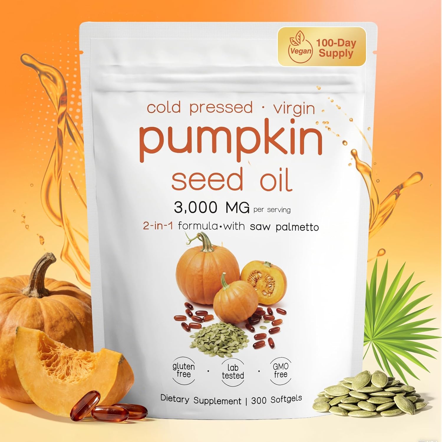 Pumpkin Seed Oil with Saw Palmetto - 300 Cold-Pressed Softgels for Hair Growth & Prostate Support - Pure Virgin Oil, Essential Fatty Acids, Organic Supplement for Men & Women, Non-GMO