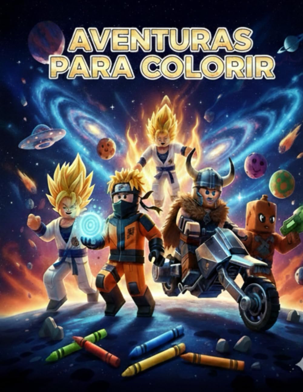 O Livro de Colorir: Guerreiros de Elite, Monstros e Galáxias: desenhos que variam do nível iniciante ao avançado. Inclui ninjas, heróis espaciais, dragões e mundos de blocos.