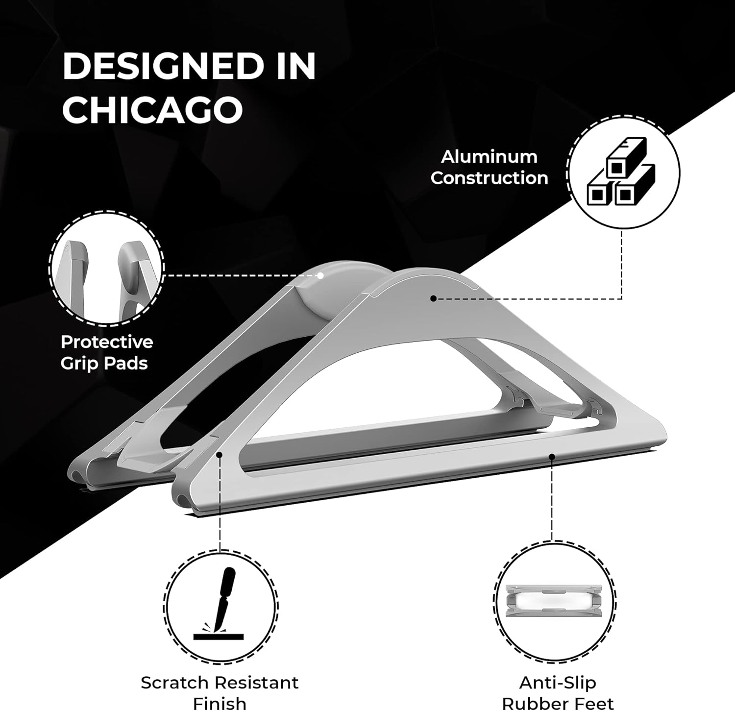 HumanCentric Vertical Laptop Stand for Desks in Silver Color, Upright Adjustable Holder to Dock Apple MacBook Stand, and Other Laptops to Organize Work & Home Office, Automatic Grip