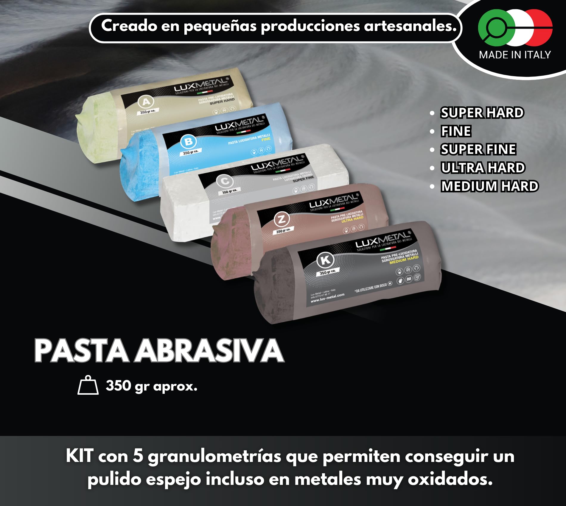 Lux Metal - Kit de 5 discos pulidores de 200 mm y 5 pasta abrasiva pulidora 350 gr - Para aluminio, hierro, acero inoxidable, bronce, mármol - Rueda pulidora de metales