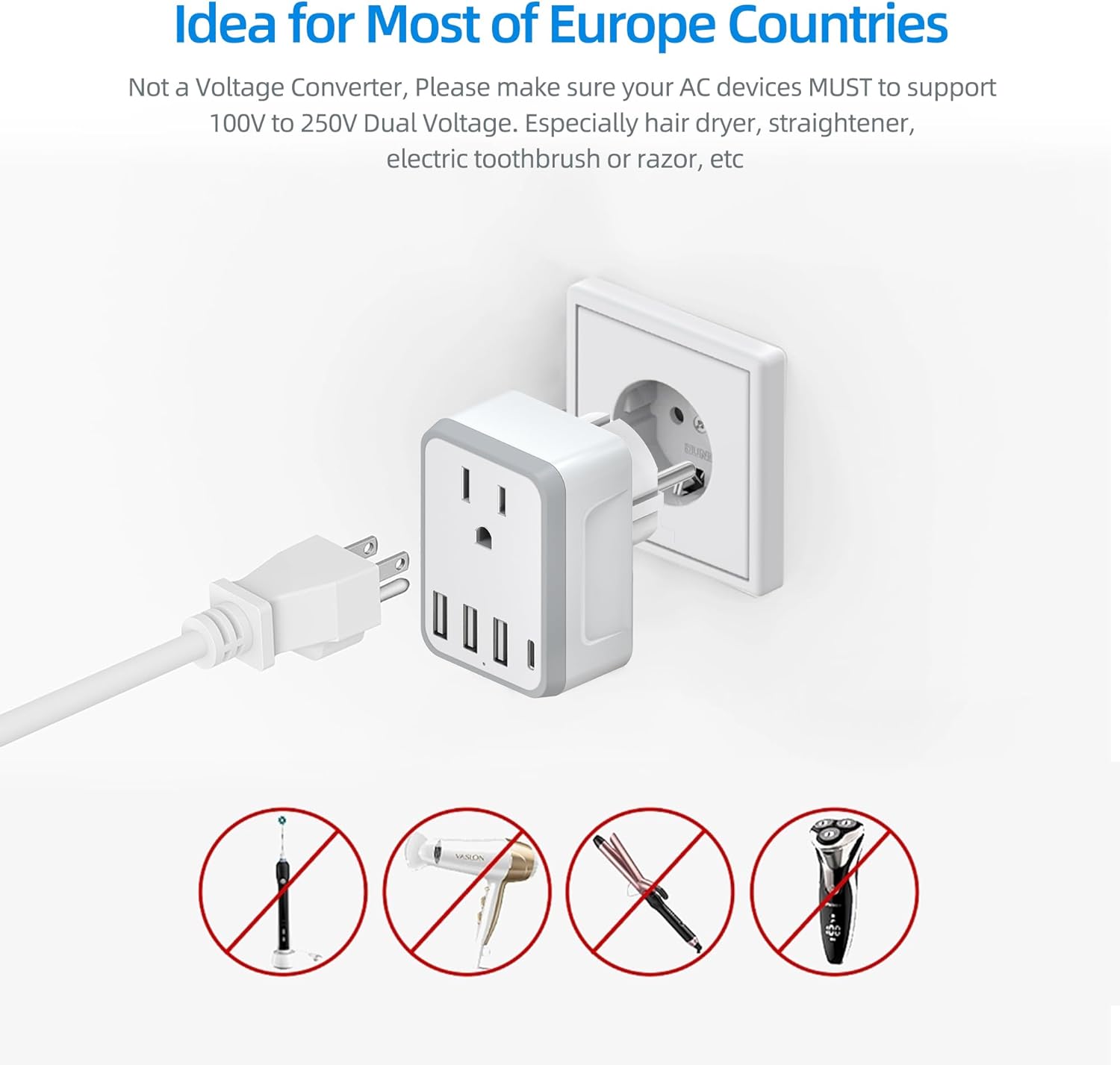 Yinleader Type E/F Travel Plug Adapter plugged into a European outlet, with a warning that it is not a voltage converter and is unsuitable for high-power appliances like hair dryers.