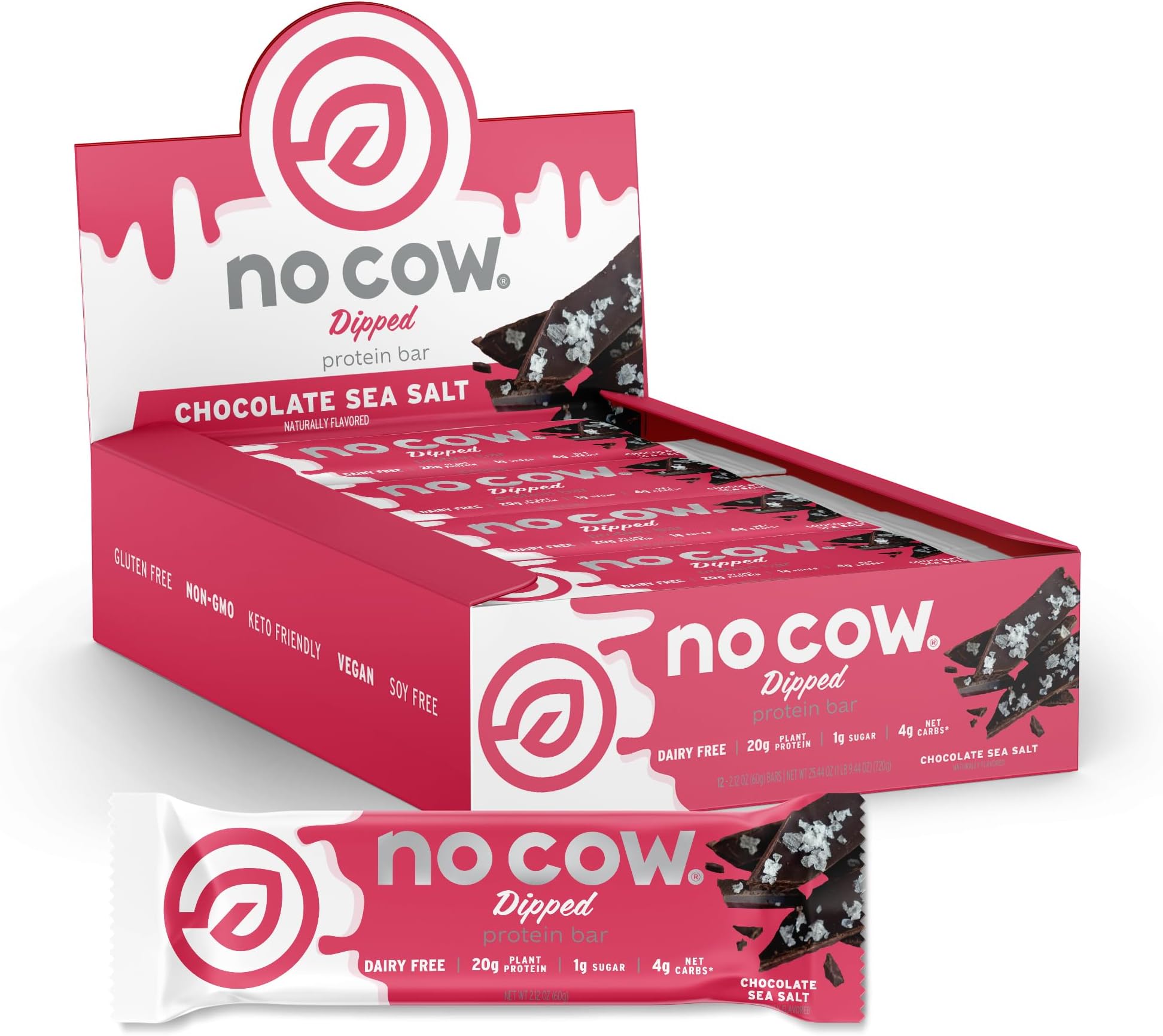 No Cow High Protein Bars, Chocolate Sea Salt - Healthy Snacks, 20g Vegan Protein, High Fiber, Low Sugar, Keto Friendly, Dairy & Gluten Free (12 Count)