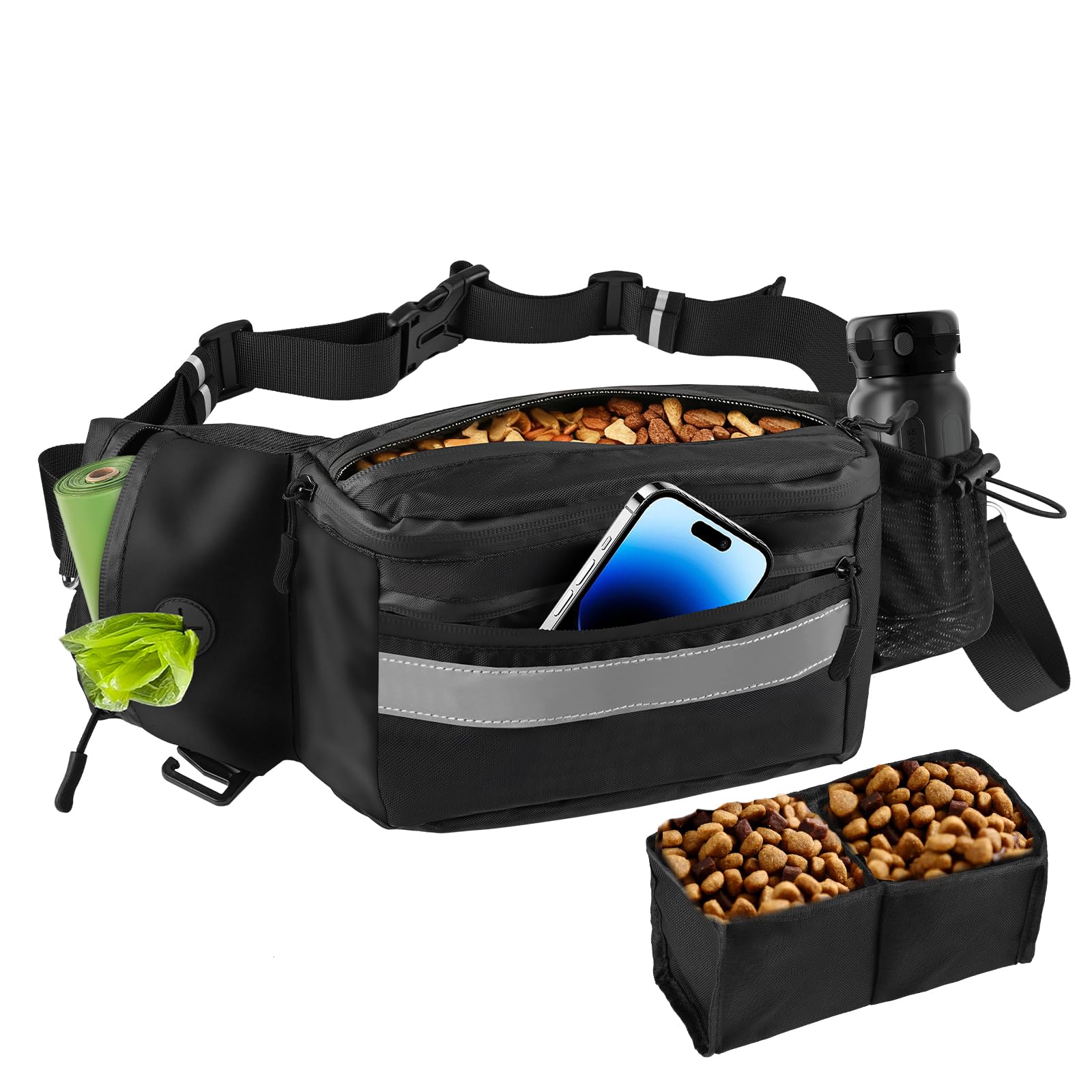 Razobws Borsa Porta Snack per Cani, Marsupio Impermeabile Multifunzionale con Dispenser Integrato e Strisce Riflettenti, Grande Capacità Borsa per Cani Addestramento e Passeggiate, Nero