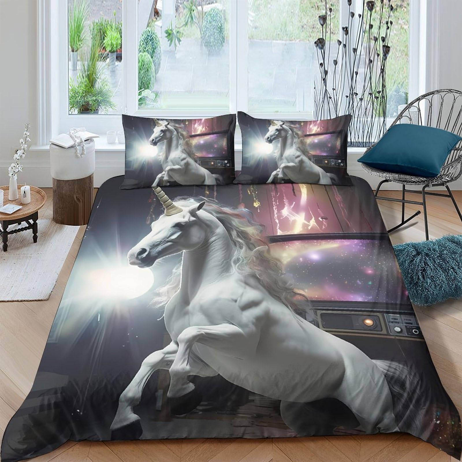 TUFRTGYHN 3D Printed White Unicorn Duvet Cover Microfiber Soft Galaxy Starry Sky Bedding Set with 2 Pillowcases for Bedroom Decor Single（135x200cm）