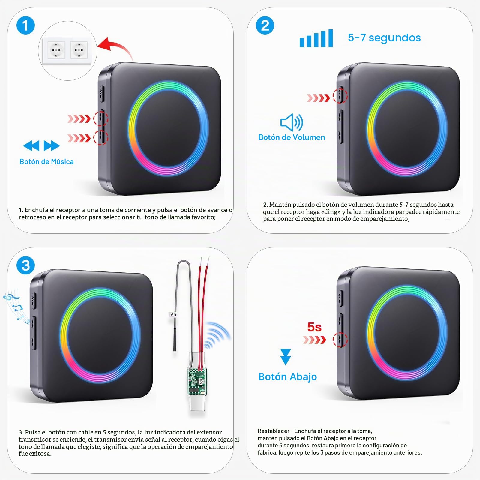 BITIWEND Transmisión de Señales de Radio para Intercomunicadores, Timbre de Puerta RGB luz, Amplificador con CA/CC alimentado, 0-110dB & 58 melodías, Kit de Extensión radio con Convertidor 3-24V