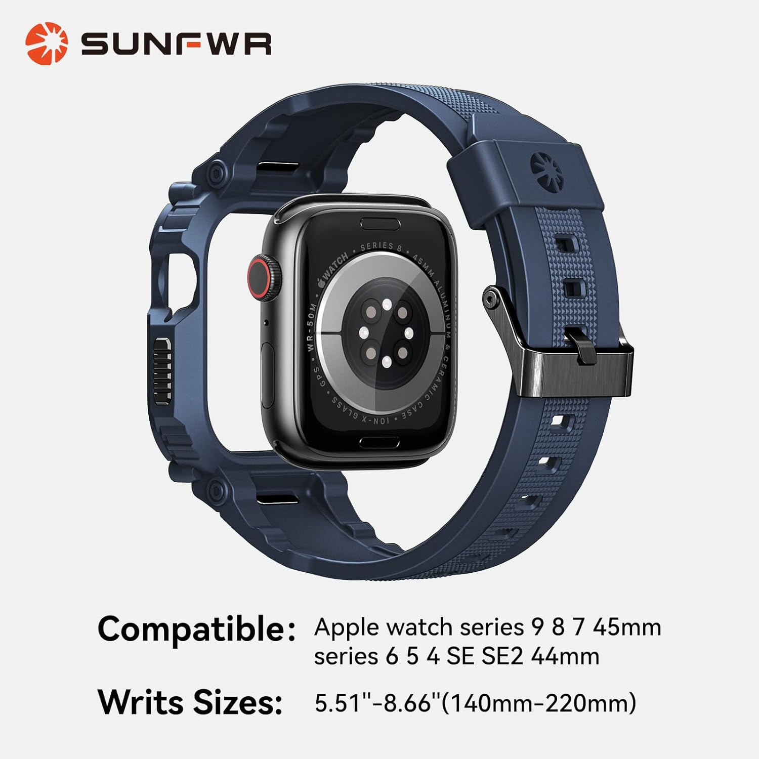 SUNFWR Rugged Band with Case Compatible with Apple Watch Bands for Men 45mm 44mm, Sport Strap with Protective Cover Bumper for iWatch Series 9 8 7 6 5 4 SE SE2