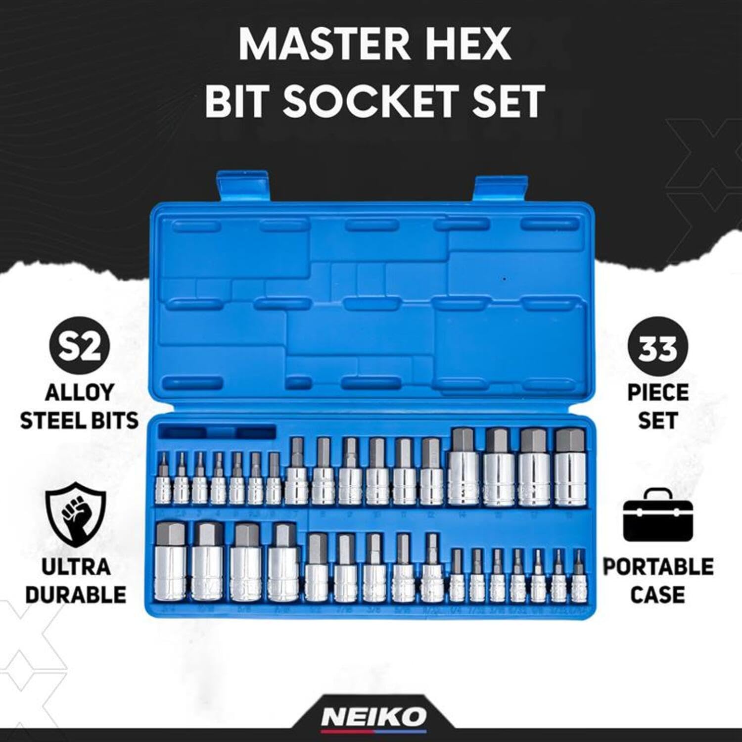 NEIKO 10388A Master Allen Juego de llaves hexagonales de 33 piezas SAE y métrico, juego de llaves hexagonales de cabeza Allen fabricado con acero S2, juego de brocas hexagonales Allen, estándar de