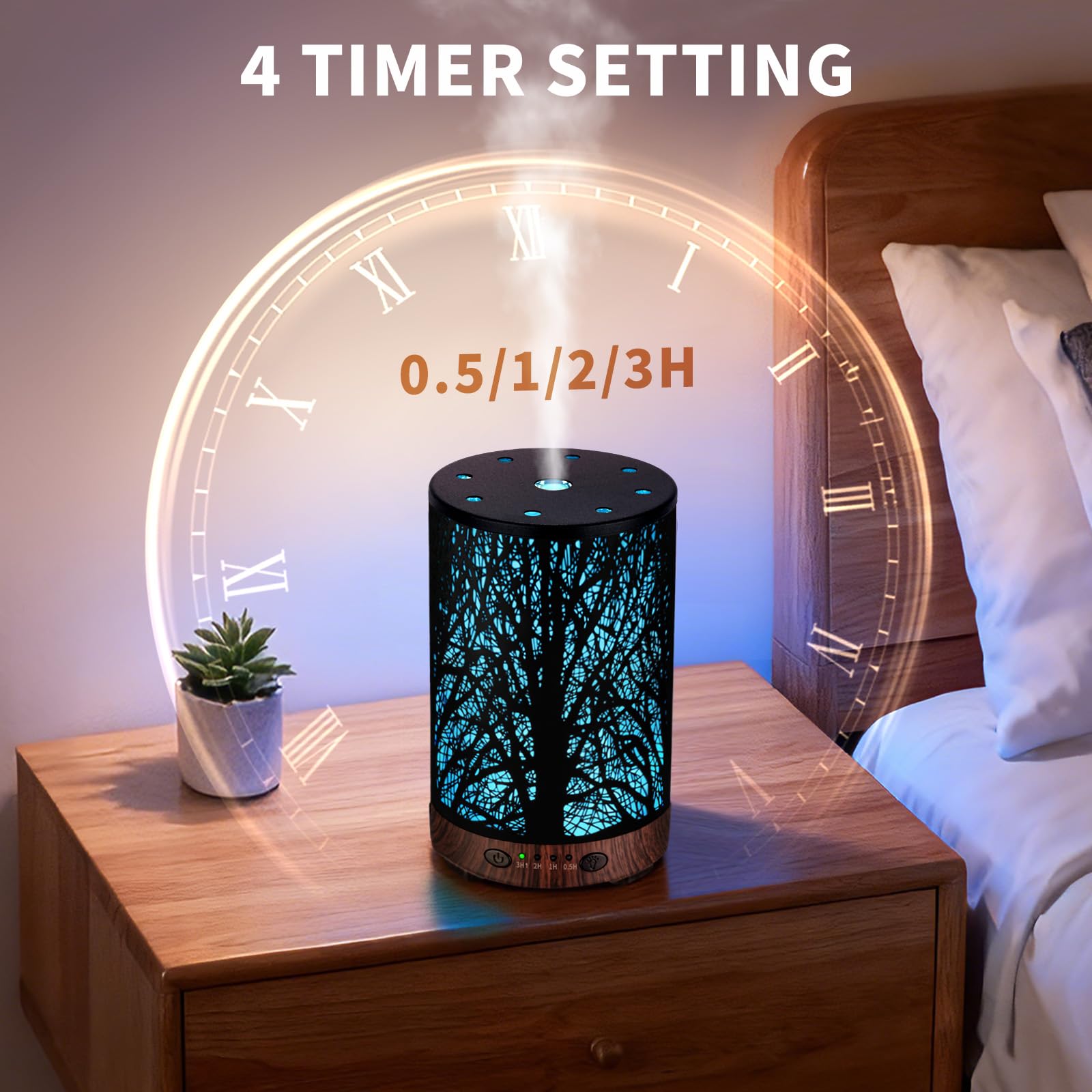 Difusor de Aceite Esencial de 120 ml, difusor de aromaterapia de Metal, humidificador de Niebla fría con protección de Apagado automático, 7 Luces de Color para el hogar, Oficina, SPA (árbol)