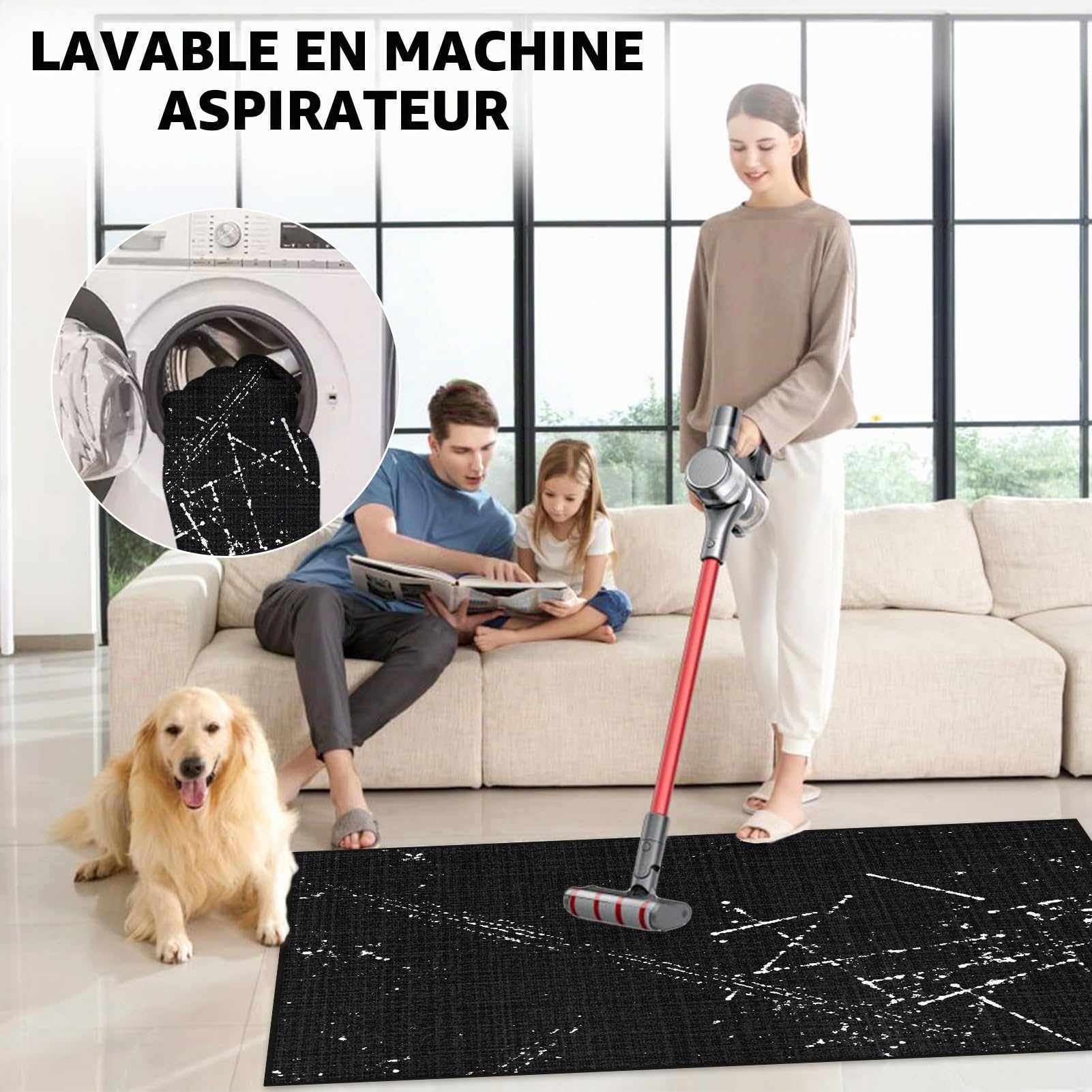 Tapis de chaise de bureau pour plancher en bois dur : 91,4 x 122,9 cm, noir, tapis de chaise de bureau pour fauteuil roulant, antidérapant, résistant à la saleté et lavable en machine, tapis de