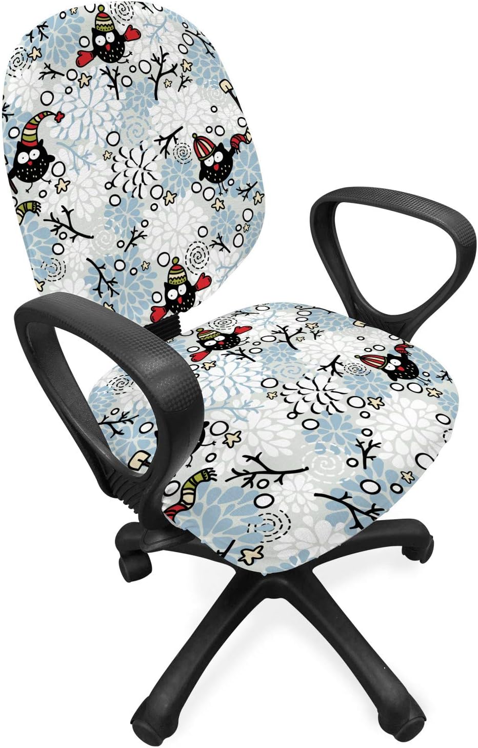 Ambesonne Owls Office Chair Slipcover, Wintertime Pattern with Characters and Snow Flowers Stars Doodle Style Xmas Theme, Protective Stretch Decorative Fabric Cover, White Sky Blue