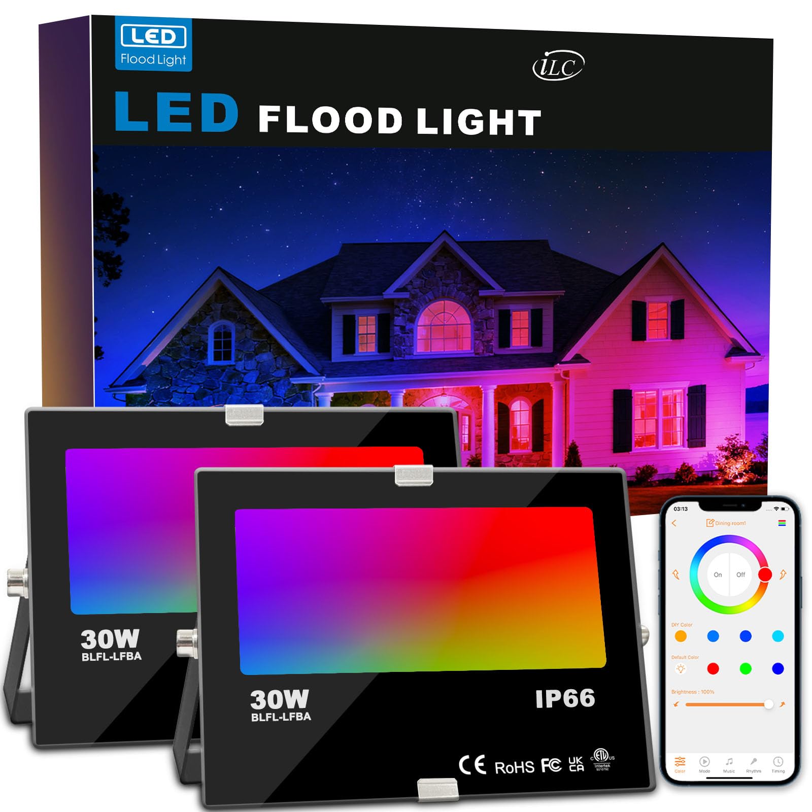 ILC LED Flood Light 80W, 8000LM, Outdoor RGB Color Changing, Smart